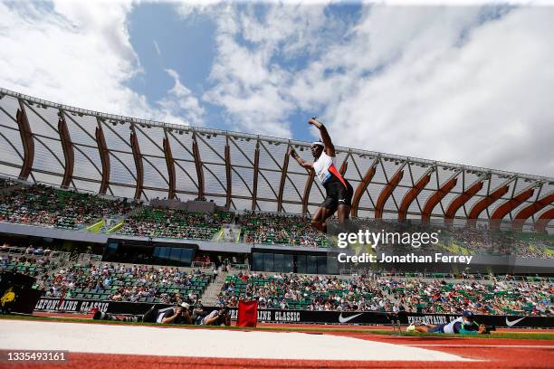 Will Clay of the United States competes in the triple jump during the Wanda Diamond League Prefontaine Classic at Hayward Field on August 21, 2021 in...