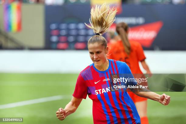 Ana Maria Crnogorcevic of FC Barcelona celebrates after scoring a goal in the first half to take a 1-0 lead during the 2021 Women's International...
