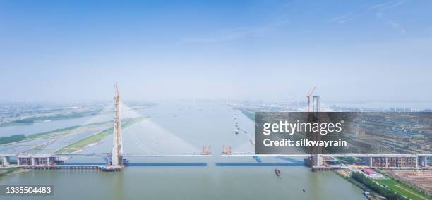aerial view of cable-stayed bridge under construction - jiangxi province stockfoto's en -beelden