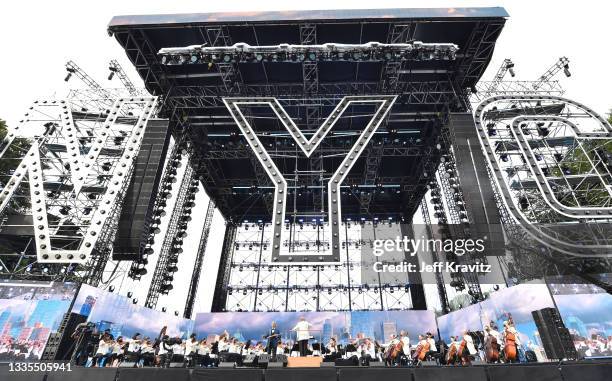 Andrea Bocelli performs onstage with Marin Alsop and the New York Philharmonic during We Love NYC: The Homecoming Concert Produced by NYC, Clive...