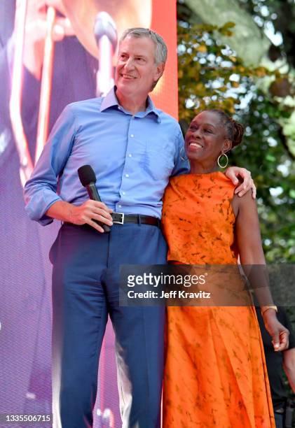 Mayor of New York City, Bill de Blasio and Chirlane McCray speak onstage during We Love NYC: The Homecoming Concert Produced by NYC, Clive Davis, and...