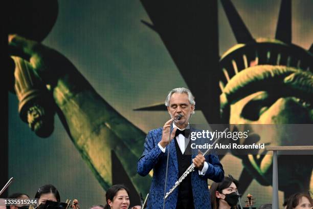 Andrea Bocelli performs at the We Love NYC: The Homecoming Concert at the Great Lawn in Central Park on August 21, 2021 in New York City. We Love...