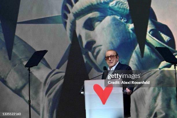 Clive Davis speaks at the We Love NYC: The Homecoming Concert at the Great Lawn in Central Park on August 21, 2021 in New York City. We Love NYC: The...