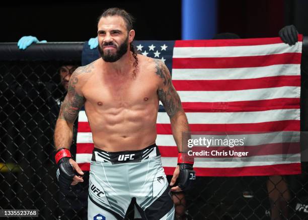 Clay Guida prepares to fight Mark Madsen of Denmark in a lightweight fight during the UFC Fight Night event at UFC APEX on August 21, 2021 in Las...