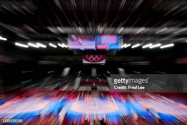 Detailed view of a Tokyo 2020 signs during the Women's Freestyle 57kg Quarter Final on day twelve of the Tokyo 2020 Olympic Games at Makuhari Messe...
