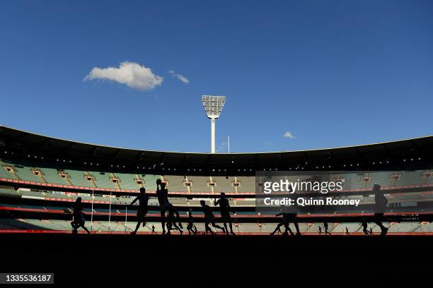 General view during the round 23 AFL match between Essendon Bombers and Collingwood Magpies Giants at Melbourne Cricket Ground on August 22, 2021 in...