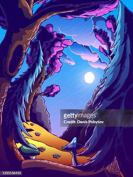 surreal curved landscape - fairy forest. - trippy stock illustrations