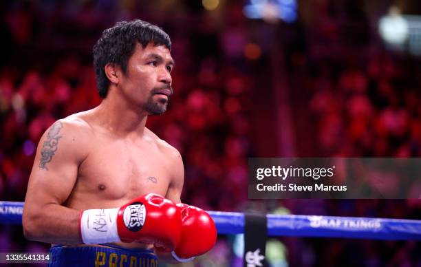 Manny Pacquiao prepares for a WBA welterweight title fight against Yordenis Ugas at T-Mobile Arena on August 21, 2021 in Las Vegas, Nevada. Ugas...