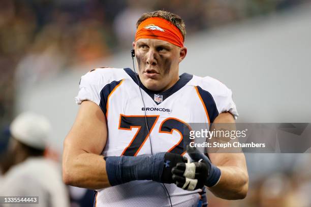 Offensive tackle Garett Bolles of the Denver Broncos look on during an NFL preseason game against the Seattle Seahawks at Lumen Field on August 21,...