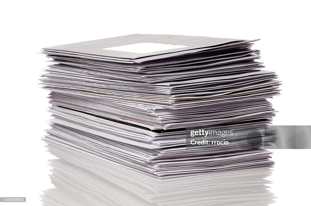 Stack Of Gray Unopened Mail Reflected On White Background High-Res ...