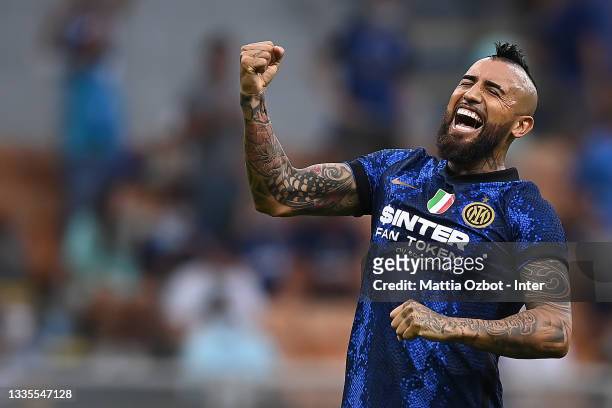 Arturo Vidal of FC Internazionale celebrates after scoring his team's third goal during the Serie A match between FC Internazionale v Genoa CFC at...
