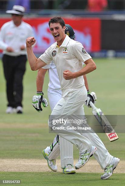 Pat Cummins of Australia celebrates the wicket of AB de Villiers of South Africa during day four of the 2nd Test match between South Africa and...