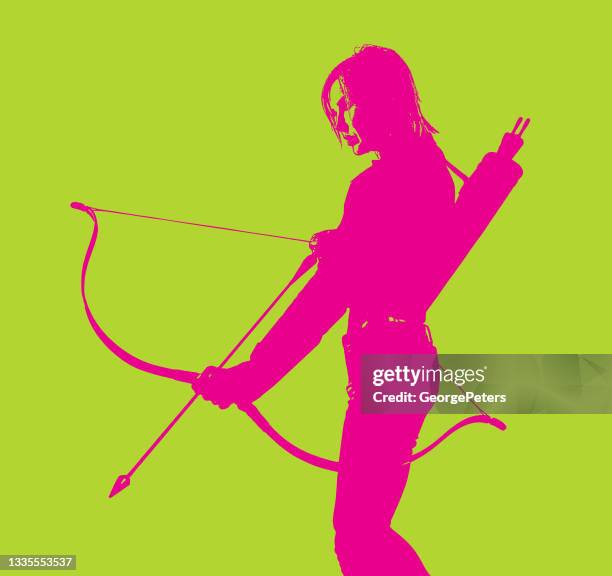 ilustrações, clipart, desenhos animados e ícones de mulher adulta mirando arco e flecha - hunting longbow