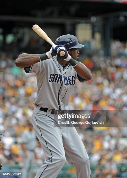 Cameron Maybin of the San Diego Padres bats against the Pittsburgh Pirates during a Major League Baseball game at PNC Park on August 12, 2012 in...