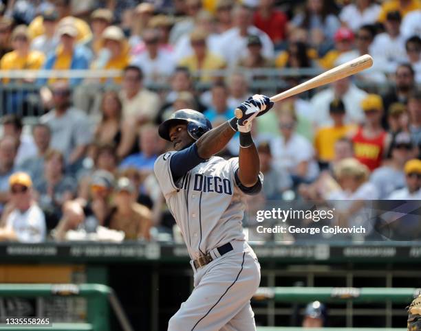 Cameron Maybin of the San Diego Padres bats against the Pittsburgh Pirates during a Major League Baseball game at PNC Park on August 12, 2012 in...