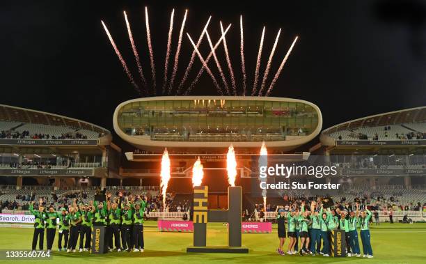 Champions The Southern Braves and the Oval Invincibles parade their trophies in front of the media centre and the Compton and Edrich Stands after The...