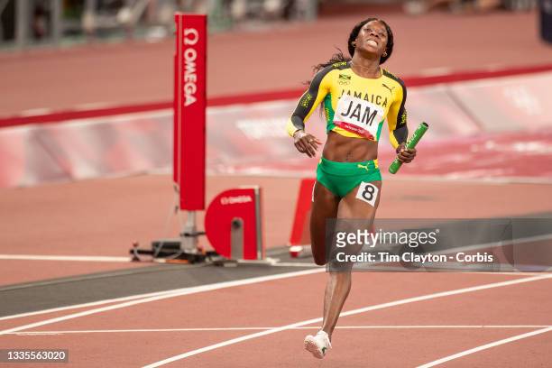 August 6: Shericka Jackson of Jamaica brings home the Jamaican team to win the gold medal in the 4x 100m for women during the Track and Field...