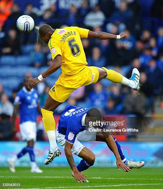 Anthony Gardner of Crystal Palace rises above Jermaine Beckford of Leicester City during the npower Championship match between Leicester City and...