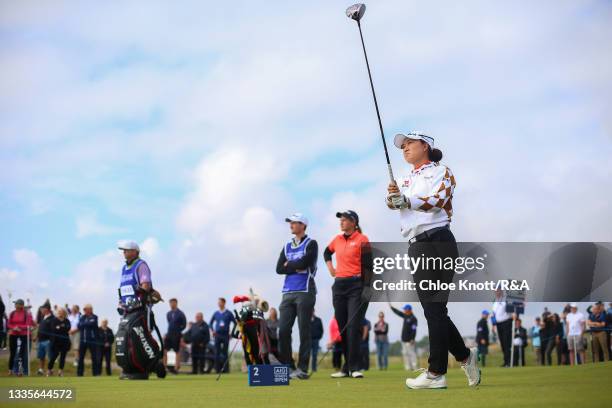 Minjee Lee of Australia tees off on the second hole during Day Four of the AIG Women's Open at Carnoustie Golf Links on August 22, 2021 in...