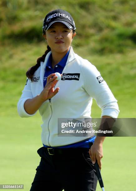 Sei Young Kim of South Korea on the first green during the final round of the AIG Women's Open at Carnoustie Golf Links on August 22, 2021 in...