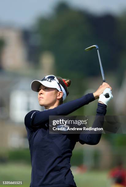 Nelly Korda of The United States plays her second shot on the first hole during the final round of the AIG Women's Open at Carnoustie Golf Links on...