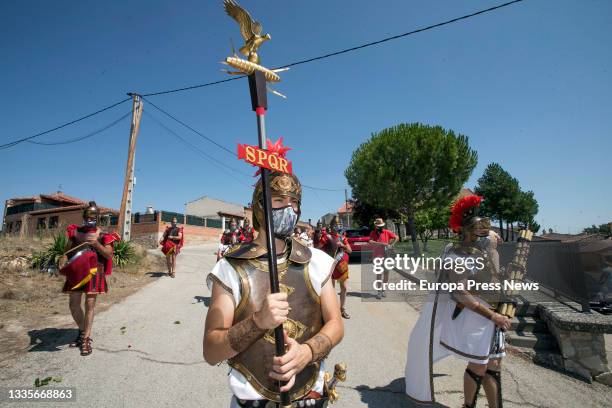 Man disguised as a soldier of ancient Rome participates in the opening parade of the Roman Festival in Honor of the God Bacchus, on 22 August, 2021...