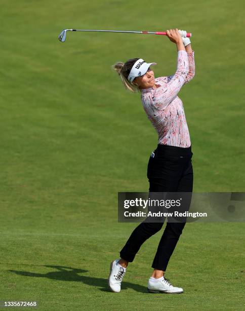 Sanna Nuutinen of Finland on the first fairway during the final round of the AIG Women's Open at Carnoustie Golf Links on August 22, 2021 in...