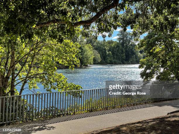 The 187-mile long Willamette River meanders through the central downtown as viewed on August 8 in Eugene, Oregon. The Willamette River, a major...