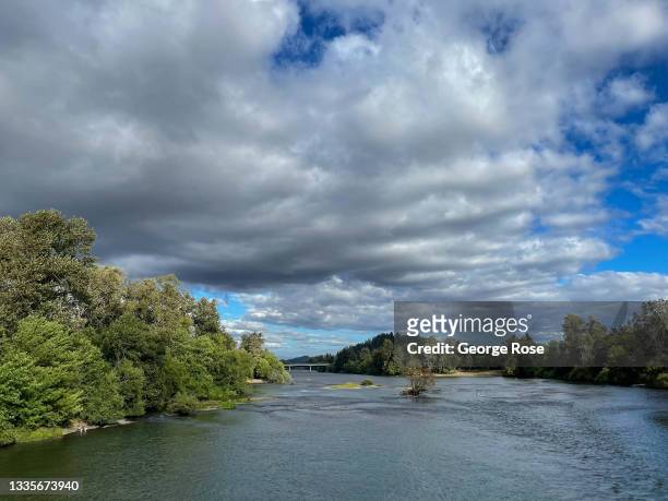 The 187-mile long Willamette River meanders through the central downtown as viewed on August 8 in Eugene, Oregon. The Willamette River, a major...