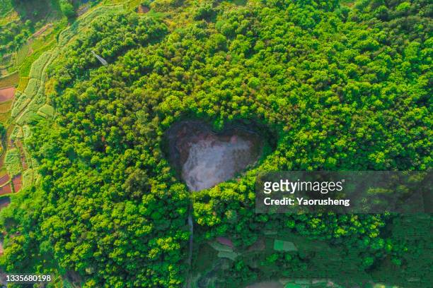 aerial view of heart shaped cave in the forest - heart shape in nature stock pictures, royalty-free photos & images