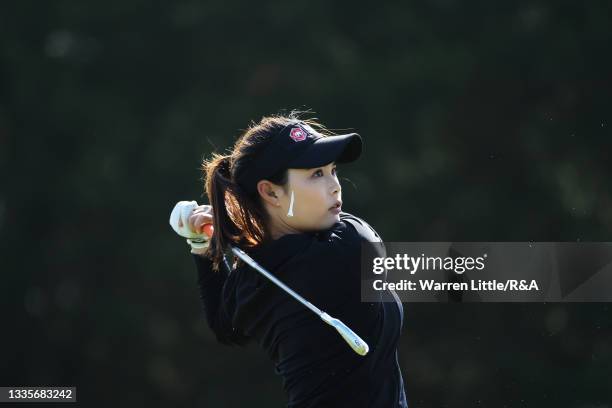 Moriya Jutanugarn of Thailand tees off on the eighth hole during Day Four of the AIG Women's Open at Carnoustie Golf Links on August 22, 2021 in...