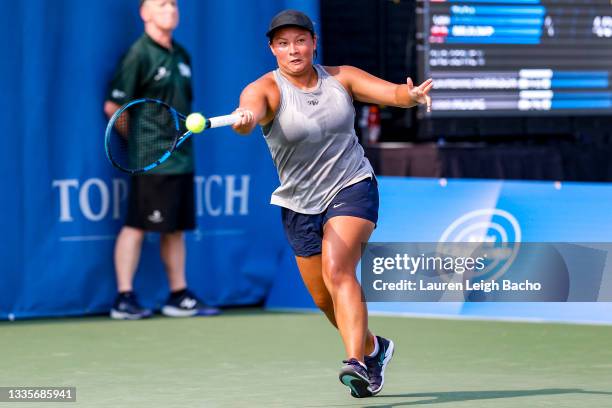 Tara Moore of Great Britain reaches out for the ball during the first set of her match against Catherine Harrison of USA at Jacobs Pavilion on August...