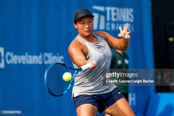 Tara Moore of Great Britain backhands the ball to Catherine Harrison of USA during the first set of their match at Jacobs Pavilion on August 22, 2021...