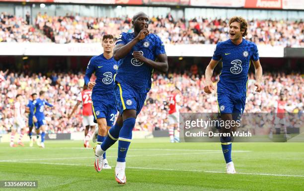 Romelu Lukaku of Chelsea celebrates after scoring their side's first goal during the Premier League match between Arsenal and Chelsea at Emirates...