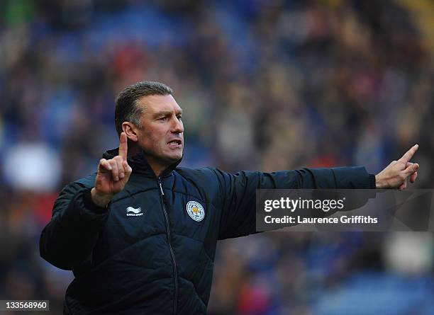 Nigel Pearson of Leicester City gives out instuctions during the npower Championship match between Leicester City and Crystal Palace at Walkers...