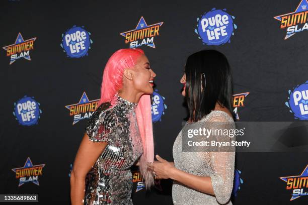 Professional wrestler Eva Marie and Television personality and professional wrestler Nikki Bella attend the WWE SummerSlam after party at Delano Las...