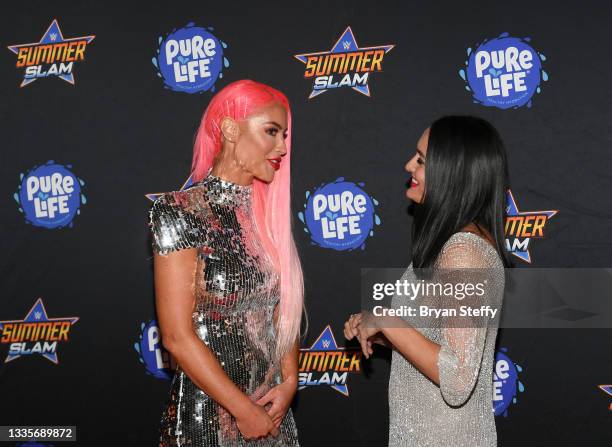Professional wrestler Eva Marie and Television personality and professional wrestler Nikki Bella attend the WWE SummerSlam after party at Delano Las...