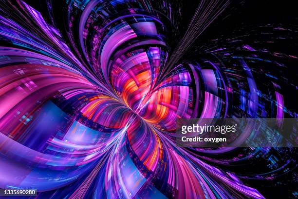 abstract radial technical butterfly flower purple blue fractal on black background - symmetry butterfly stock pictures, royalty-free photos & images