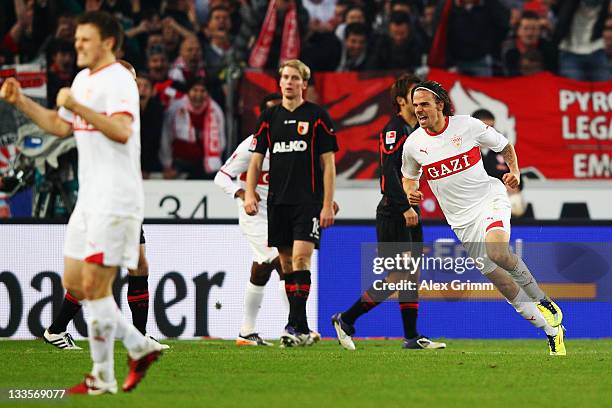 Martin Harnik of Stuttgart celebrates his team's second goal during the Bundesliga match between VfB Stuttgart and FC Augsburg at Mercedes-Benz Arena...