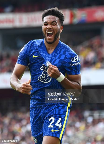 Reece James of Chelsea celebrates after scoring their side's second goal during the Premier League match between Arsenal and Chelsea at Emirates...