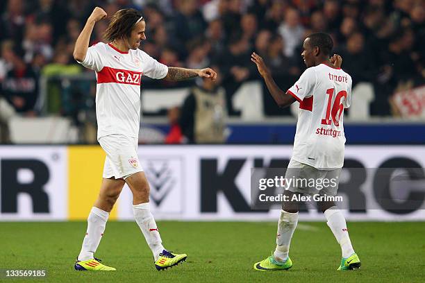 Martin Harnik of Stuttgart celebrates his team's second goal with team mate Ibrahima Traore during the Bundesliga match between VfB Stuttgart and FC...