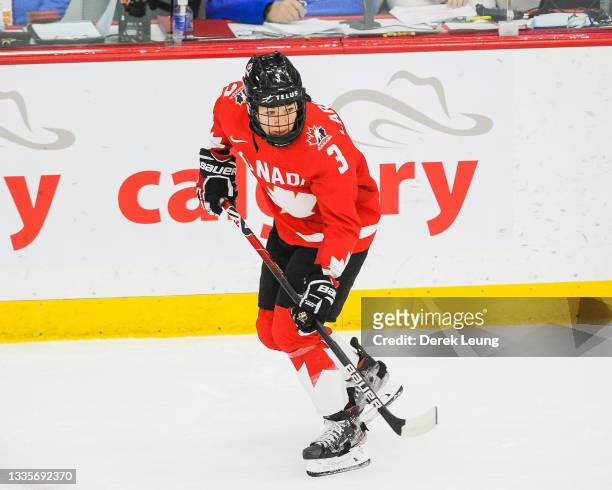 Jocelyne Larocque of Canada in action against Finland in the 2021 IIHF Women's World Championship Group A match played at WinSport Arena on August...