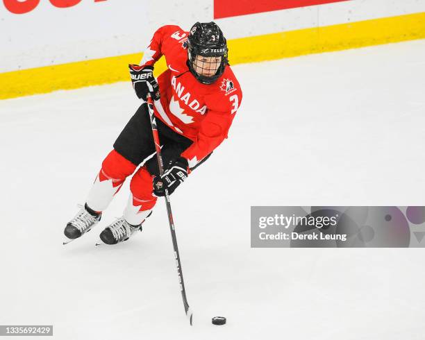 Jocelyne Larocque of Canada in action against Finland in the 2021 IIHF Women's World Championship Group A match played at WinSport Arena on August...