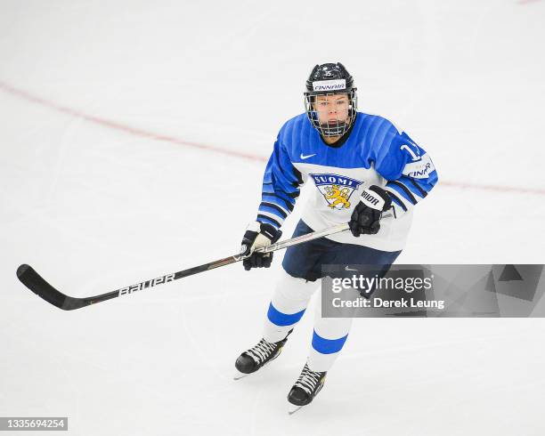 Minnamari Tuominen of Finland in action against Canada in the 2021 IIHF Women's World Championship Group A match played at WinSport Arena on August...