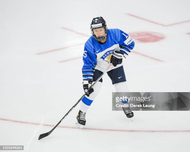 Minnamari Tuominen of Finland in action against Canada in the 2021 IIHF Women's World Championship Group A match played at WinSport Arena on August...