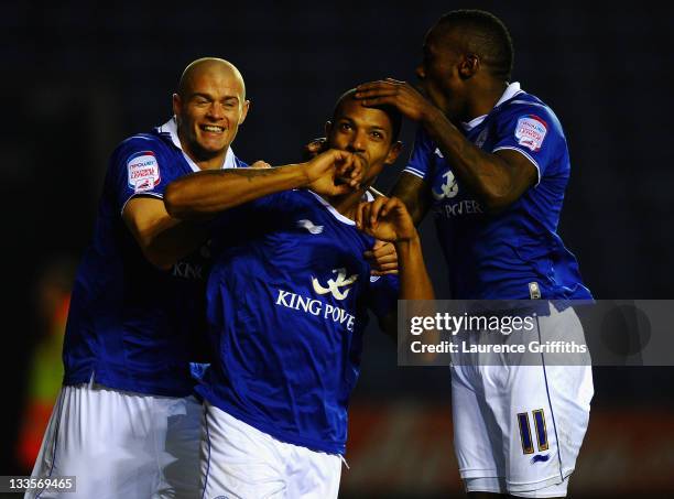 Jermaine Beckford of Leicester City is mobbed after scoring the opening goal during the npower Championship match between Leicester City and Crystal...