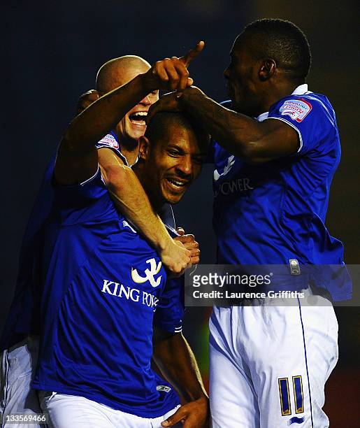 Jermaine Beckford of Leicester City is mobbed after scoring the opening goal during the npower Championship match between Leicester City and Crystal...