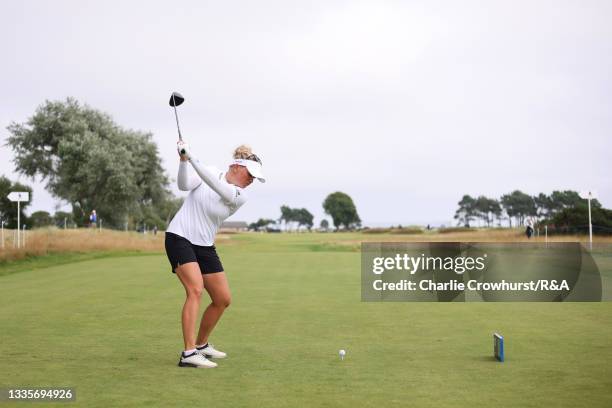 Nanna Koerstz Madsen of Denmark tees off on the tenth hole during Day Four of the AIG Women's Open at Carnoustie Golf Links on August 22, 2021 in...