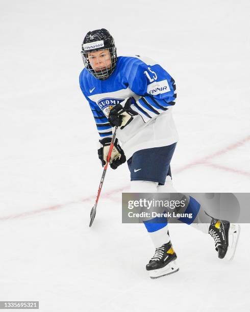 Minnamari Tuominen of Finland in action against Canada in the 2021 IIHF Women's World Championship Group A match played at WinSport Arena on August...