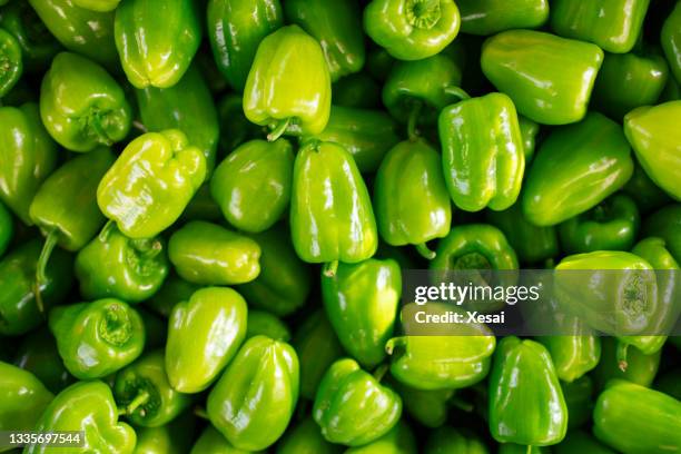 fresh green bell peppers background - paprika stock pictures, royalty-free photos & images